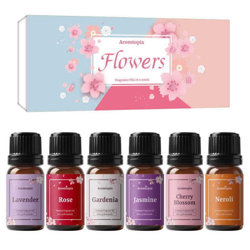 AROMTOPIA Floral Fragrance Oils, Aromtopia Flower Essential Oils for Diffusers for Home, 6x10ml, Fragrance Oil for Candle Soap Making, Lavender, Rose, Gardenia, Cherry Blossom, Jasmine, Neroli - Image 1
