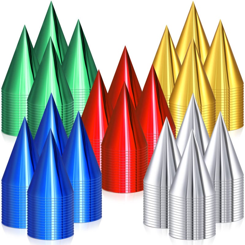 200 Pcs Birthday Party Hats Metallic Cone Bulk Multicolor Paper Hat with Elastic String for Youth Adults Pets Gold Silver Red Blue and Green