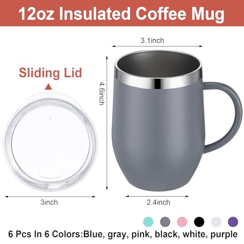 Suclain 6 Pcs 12oz Insulated Coffee Mug with Handle Bulk Stainless Steel Double Wall Vacuum Travel Mug Tumbler Cup with Sliding LidMulticolor - Image 3