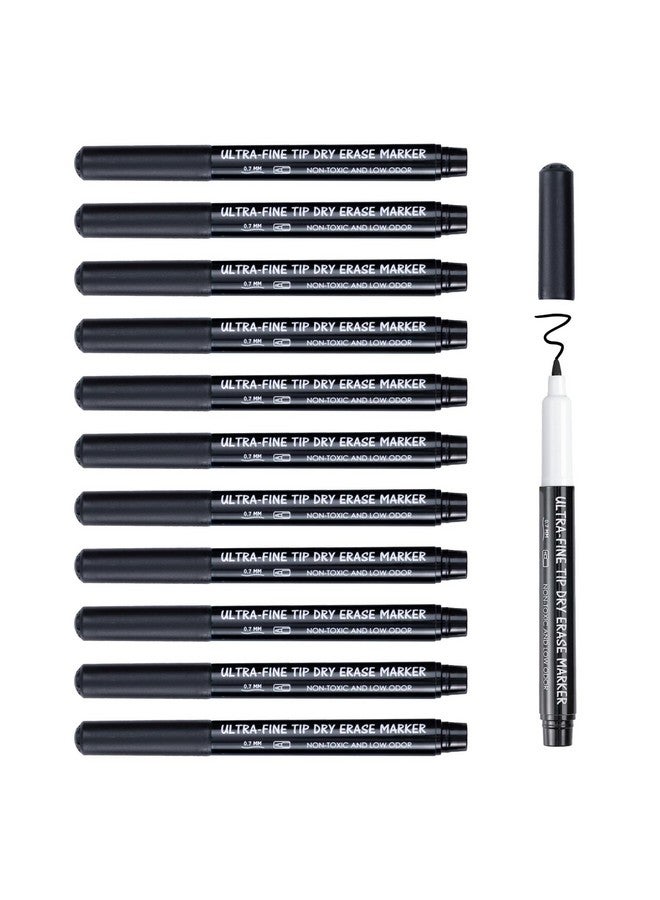 ماكتيك أقلام تحديد قابلة للمسح الجاف باللون الأسود برأس فائق الدقة، 0.7 مم، رائحة منخفضة، رأس دقيق للغاية للتخطيط على السبورة البيضاء، ولوحات التقويم، وعلامات السبورة البيضاء للمستلزمات المدرسية (12 قطعة) - Image 1