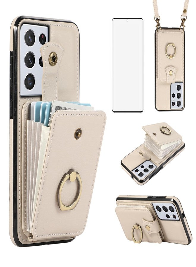 أسو ويش جراب هاتف Asuwish لهاتف سامسونج جالاكسي S21 ألترا 5G، غطاء محفظة مع واقي شاشة وحزام كتف وحلقة حامل وحامل بطاقات ائتمان بتقنية RFID، لون بيج، مناسب للنساء والفتيات. - Image 1