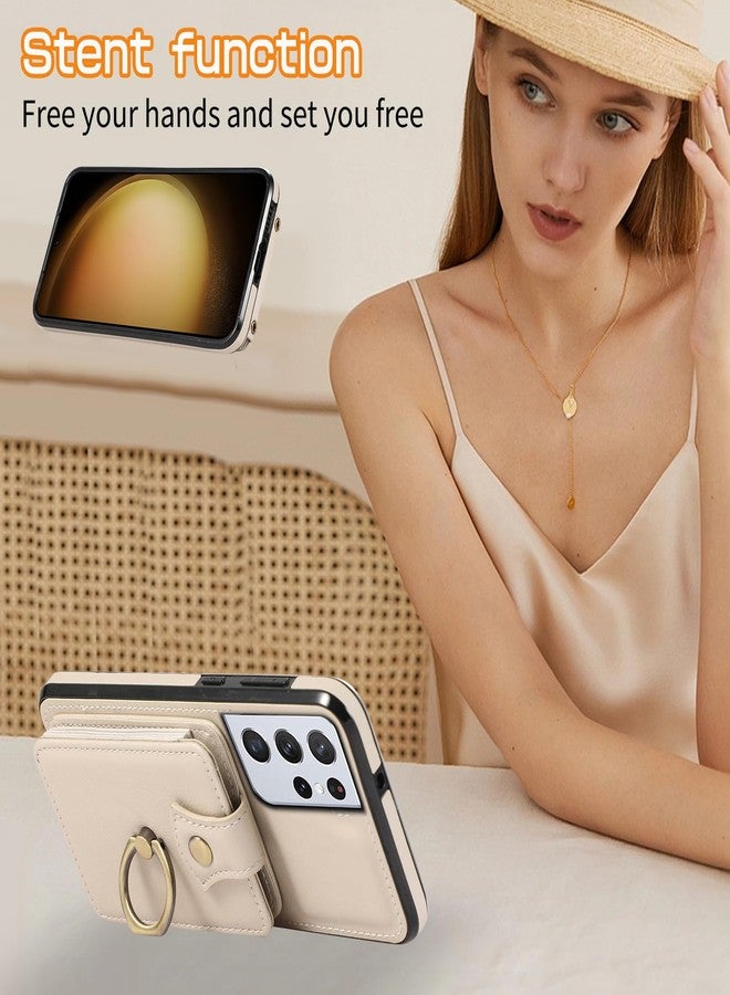 أسو ويش جراب هاتف Asuwish لهاتف سامسونج جالاكسي S21 ألترا 5G، غطاء محفظة مع واقي شاشة وحزام كتف وحلقة حامل وحامل بطاقات ائتمان بتقنية RFID، لون بيج، مناسب للنساء والفتيات. - Image 2