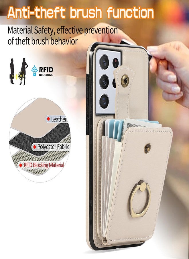 أسو ويش جراب هاتف Asuwish لهاتف سامسونج جالاكسي S21 ألترا 5G، غطاء محفظة مع واقي شاشة وحزام كتف وحلقة حامل وحامل بطاقات ائتمان بتقنية RFID، لون بيج، مناسب للنساء والفتيات. - Image 3