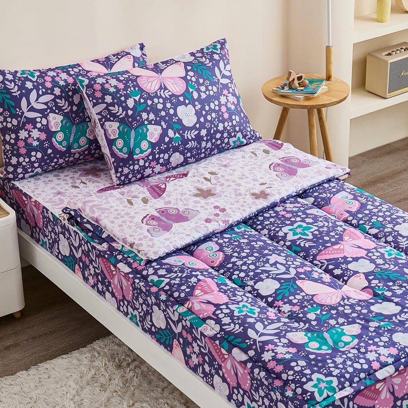 Anibedding 3Pcs Zip Up Bedding Comforter Set for Girls, Purple Butterfly All in One Zipper Full Bedding Set with Pillowcase for Kids - Image 1