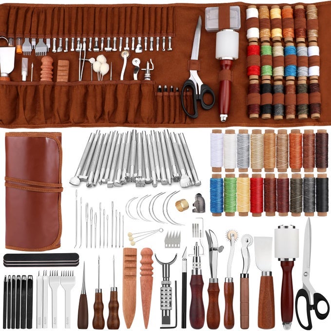 LEATHER WORKING TOOL LEATHERWORKING TOOL KIT WITH CUSTOM STORAGE BAG FOR CARVING PUNCHING SEWING STAMPING ESSENTIAL SUPPLIES FOR DIY LEATHER CRAFTS
