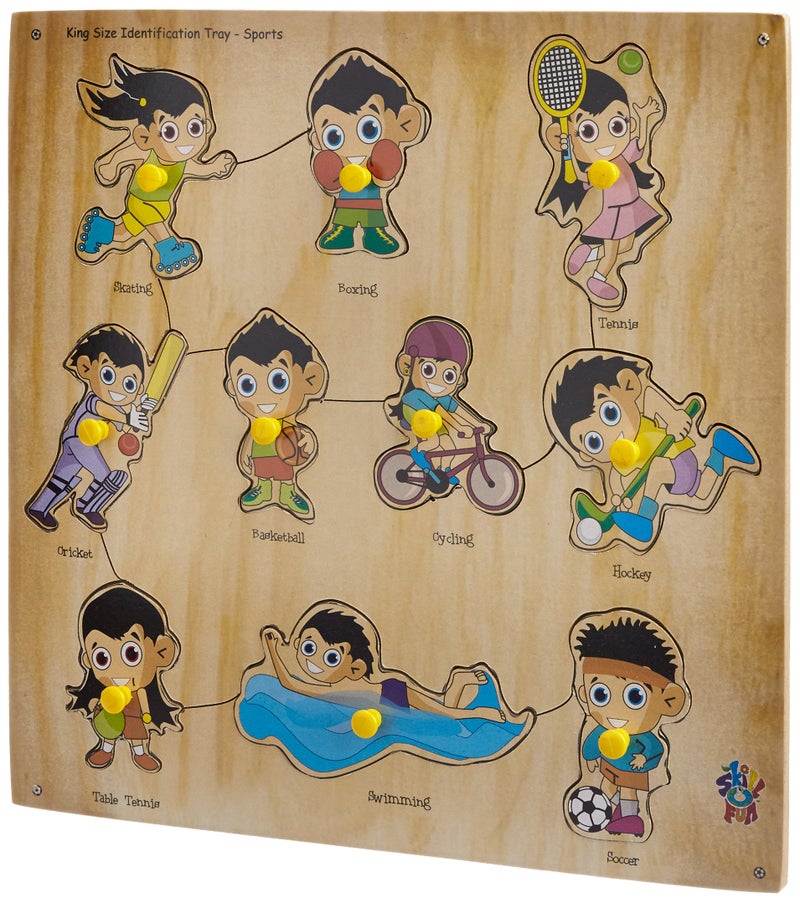 Skillofun Wooden Kingsize Identification Tray Sports with Knobs, Multi Color - Image 2