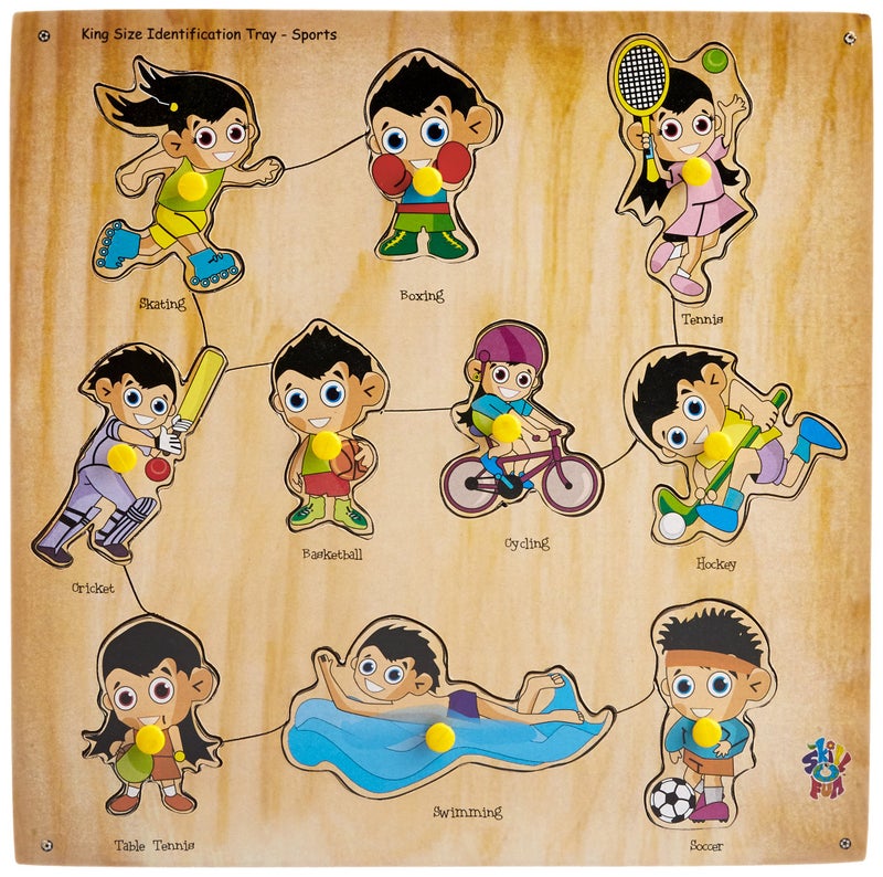 Skillofun Wooden Kingsize Identification Tray Sports with Knobs, Multi Color - Image 1
