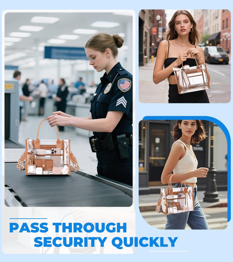 ASKSKY Clear Tote Bag Stadium Events Transparent Clear Purse for Women Thick PVC Plastic Shoulder Bag with Guitar Strap for Sport, Concert, Beach, Brown - Image 3
