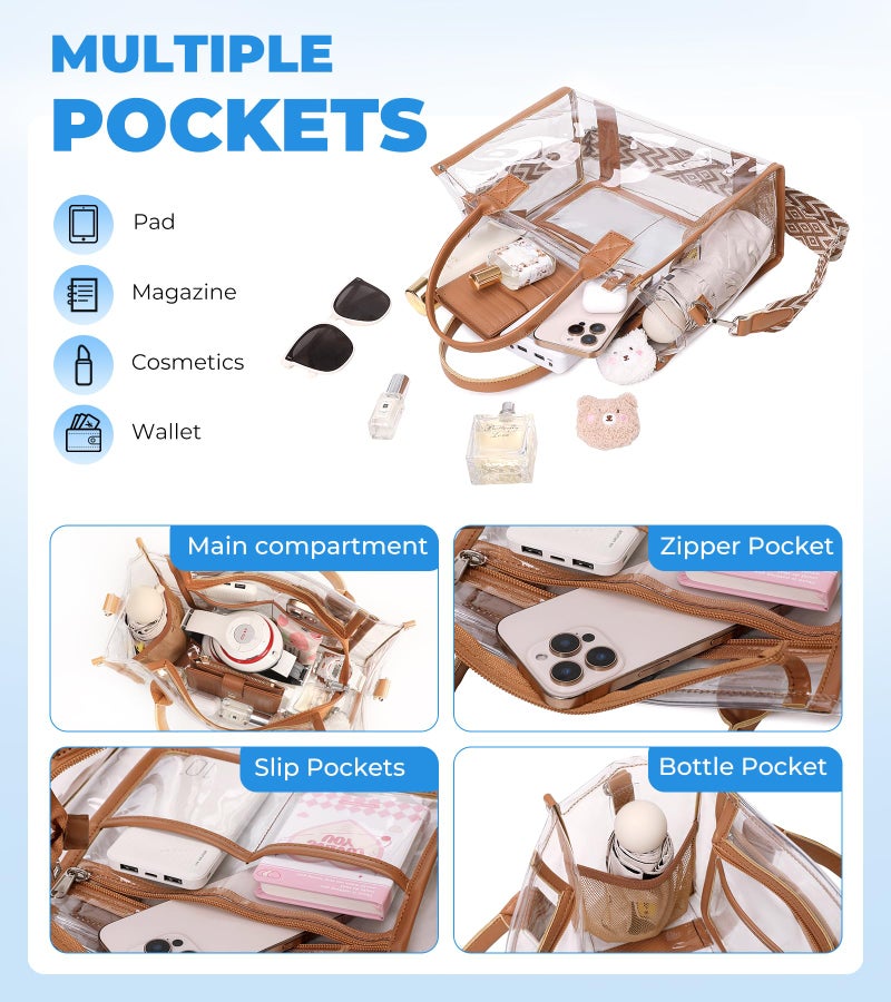 ASKSKY Clear Tote Bag Stadium Events Transparent Clear Purse for Women Thick PVC Plastic Shoulder Bag with Guitar Strap for Sport, Concert, Beach, Brown - Image 5