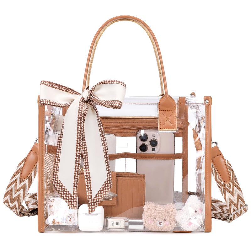 ASKSKY Clear Tote Bag Stadium Events Transparent Clear Purse for Women Thick PVC Plastic Shoulder Bag with Guitar Strap for Sport, Concert, Beach, Brown - Image 1