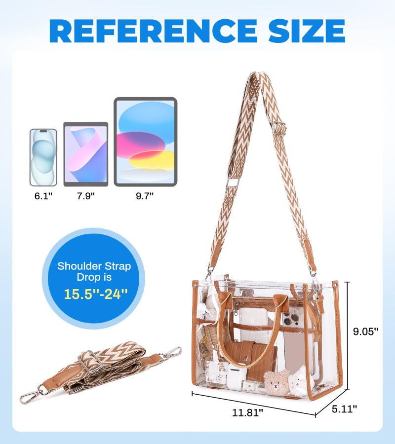ASKSKY Clear Tote Bag Stadium Events Transparent Clear Purse for Women Thick PVC Plastic Shoulder Bag with Guitar Strap for Sport, Concert, Beach, Brown - Image 4