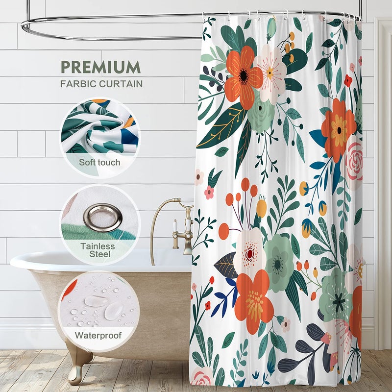 Lokigo Shower Curtain Floral Waterproof Weighted Fabric Shower Curtain Set with Hooks  Colorful Boho Orange Pink Flower Shower Curtain  Quick-Drying Shower Curtains for Bathroom  72x72 Bath Curtain - Image 1