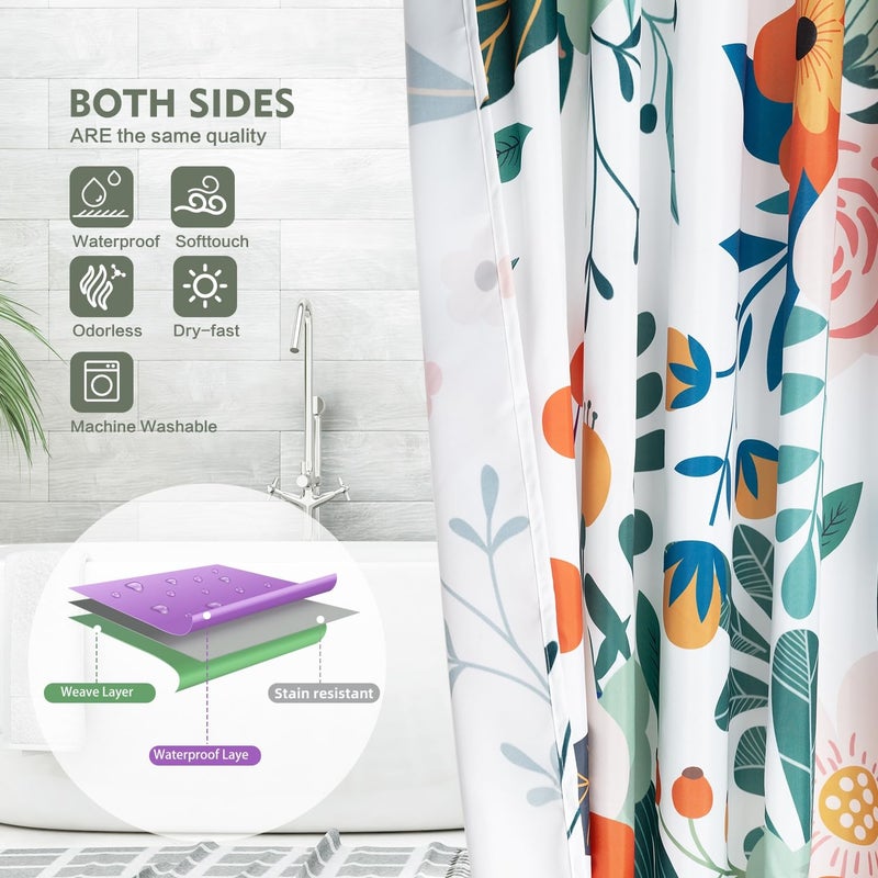 Lokigo Shower Curtain Floral Waterproof Weighted Fabric Shower Curtain Set with Hooks  Colorful Boho Orange Pink Flower Shower Curtain  Quick-Drying Shower Curtains for Bathroom  72x72 Bath Curtain - Image 3