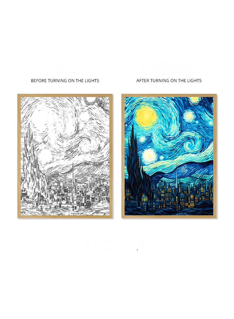 general Van Gogh Lighting Painting Decoration 3 Colors LED Light Painting Wall Decoration Art Of Light And Shadow Photo Frames LED Luminous Photo Frame Family Bedroom Living Room Night Lights - Image 1