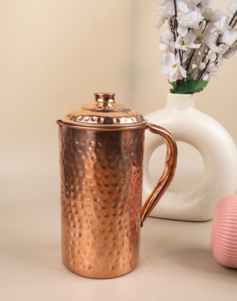 Craftintegration Handcrafted Hammered Copper Pitcher with a Lid - Pure Copper, Leak-Proof & BPA-Free Hammered Jug, Capacity 40 Oz/1200ml, for Home, Hotels & Gifting - Image 2