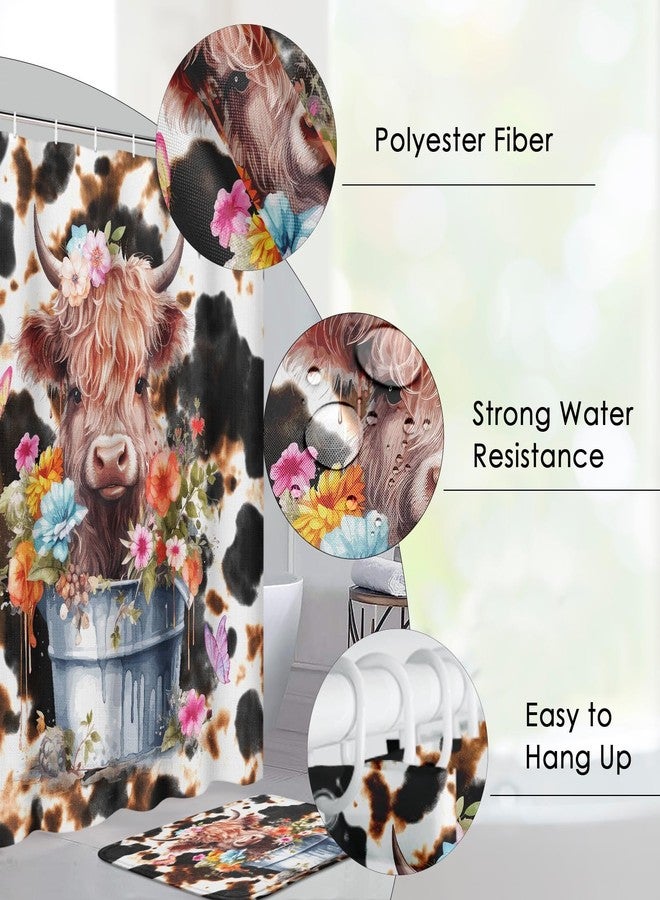 Pamnest 4 Pcs Shower Curtain Sets, Highland Cow Calf Retro Waterproof Bathroom Sets with Non-Slip Rugs, Toilet Lid Cover and Bath Mat, 12 Hooks, Accessories Modern Home Bathroom Decor 72" X 72" - Image 2