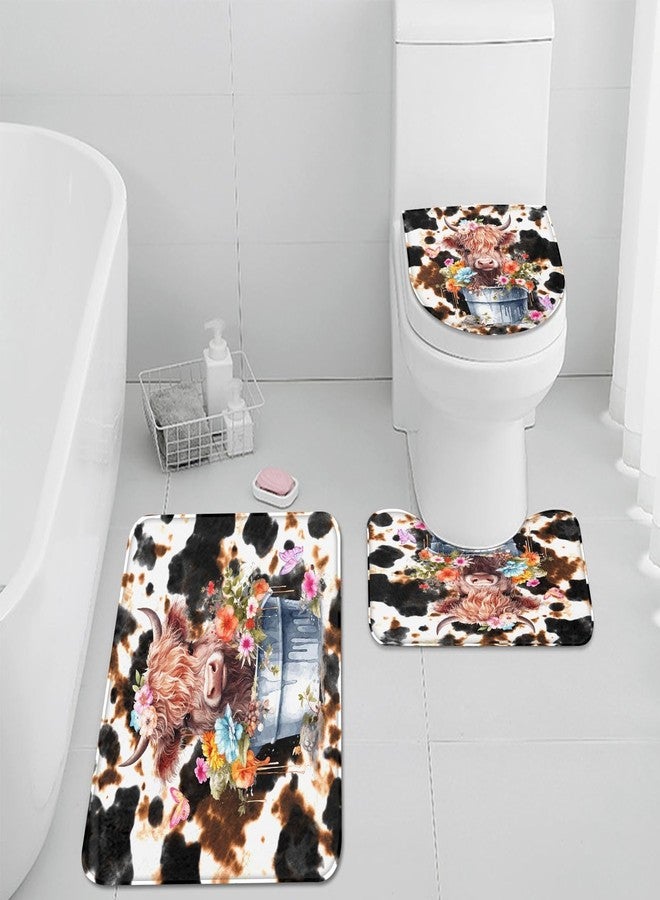 Pamnest 4 Pcs Shower Curtain Sets, Highland Cow Calf Retro Waterproof Bathroom Sets with Non-Slip Rugs, Toilet Lid Cover and Bath Mat, 12 Hooks, Accessories Modern Home Bathroom Decor 72" X 72" - Image 5