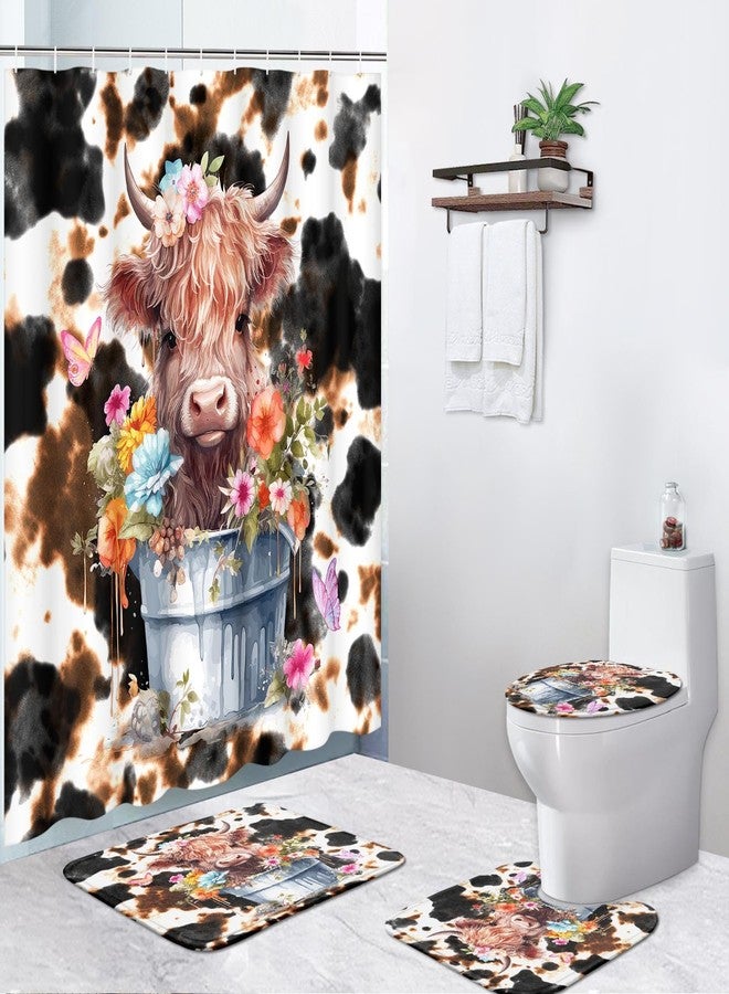 Pamnest 4 Pcs Shower Curtain Sets, Highland Cow Calf Retro Waterproof Bathroom Sets with Non-Slip Rugs, Toilet Lid Cover and Bath Mat, 12 Hooks, Accessories Modern Home Bathroom Decor 72" X 72" - Image 1