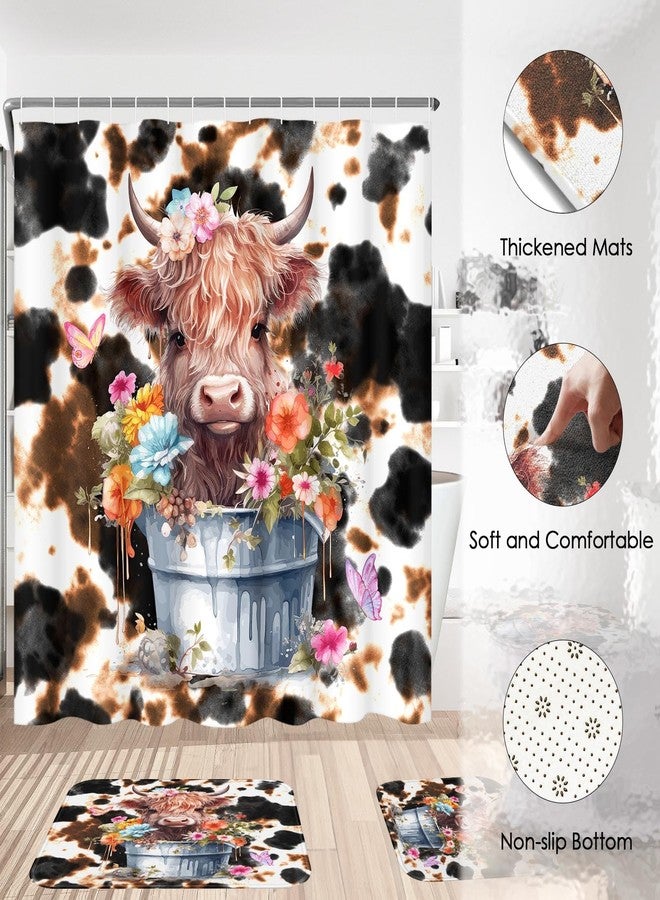 Pamnest 4 Pcs Shower Curtain Sets, Highland Cow Calf Retro Waterproof Bathroom Sets with Non-Slip Rugs, Toilet Lid Cover and Bath Mat, 12 Hooks, Accessories Modern Home Bathroom Decor 72" X 72" - Image 4
