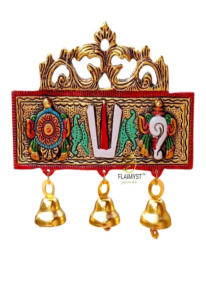 FLAIMYST Aluminum Tirupati Door Wall Hanging Shankh Chakra Namah with Ball Multicolor Decorative for Home, Office, Room, Showpiece Figurines & Religious House Warming (7x6 Inche) - Image 1