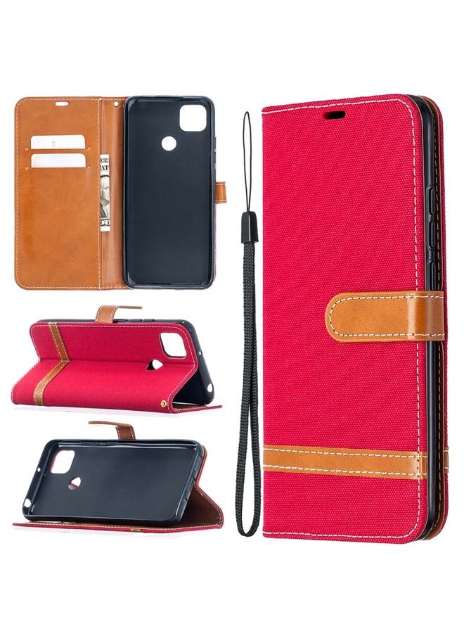 HuHa Case Cover For Xiaomi Redmi 9C Color Matching Denim Texture Horizontal Flip Leather Case with Holder & Card Slots & Wallet & Lanyard Red 
