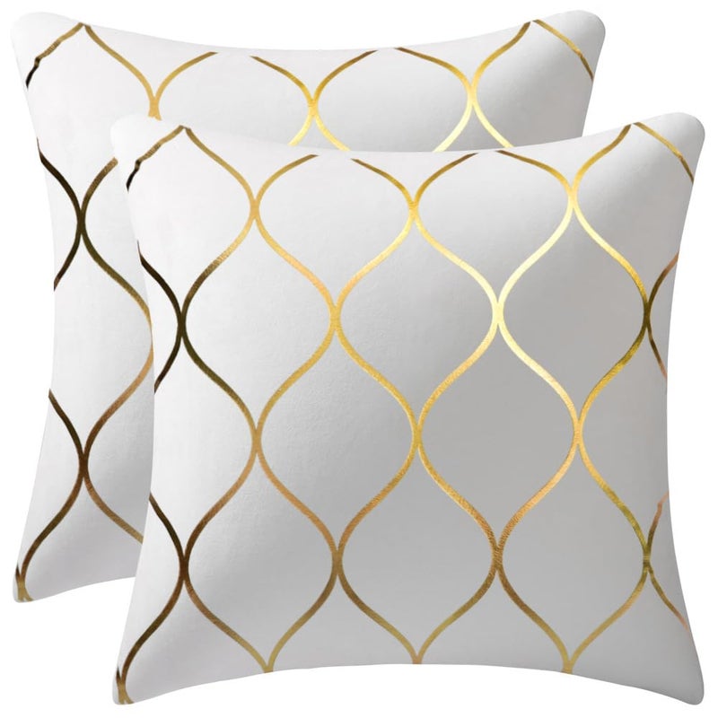 DEZENE Gold Velvet Throw Pillow Covers Off White 2 Pack 16x16 Inch Square Decorative Pillow Cases for Bedroom Sofa Couch Living Room