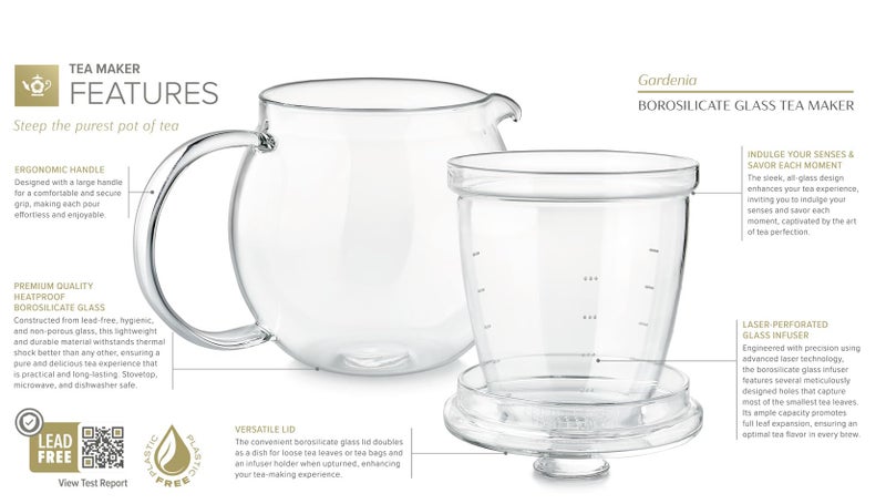 Teabloom Gardenia Glass Teapot with Infuser â€“ 100% Borosilicate Glass, Microdot Infuser for Loose Leaf Tea, 27 oz (3-Cup) Capacity, Plastic-Free & Lead-Free, Stovetop Safe - Image 2