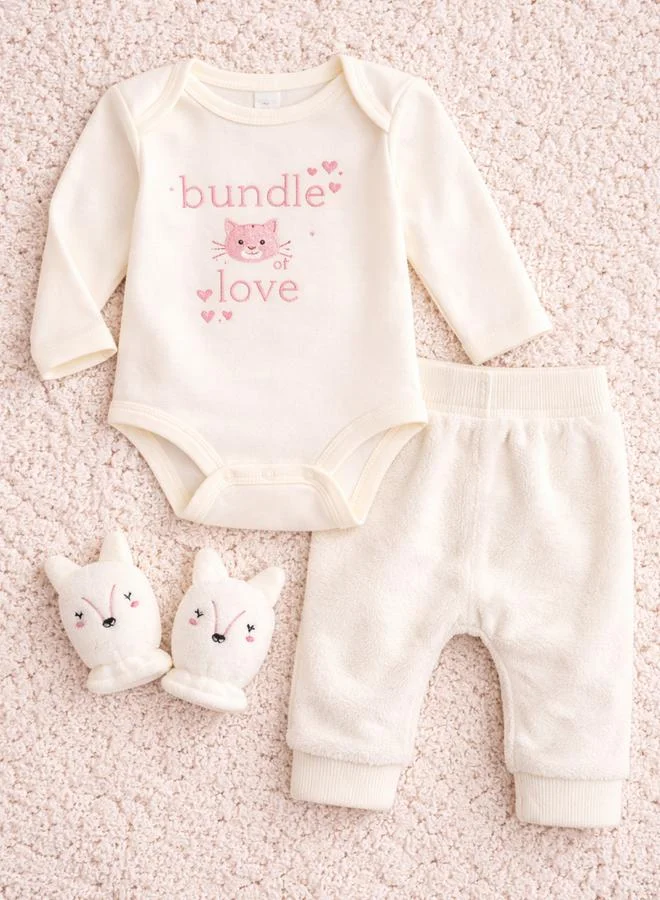 Luna & Lily 3-Piece Graphic Bodysuit, Cozy Pants and Mittens Set