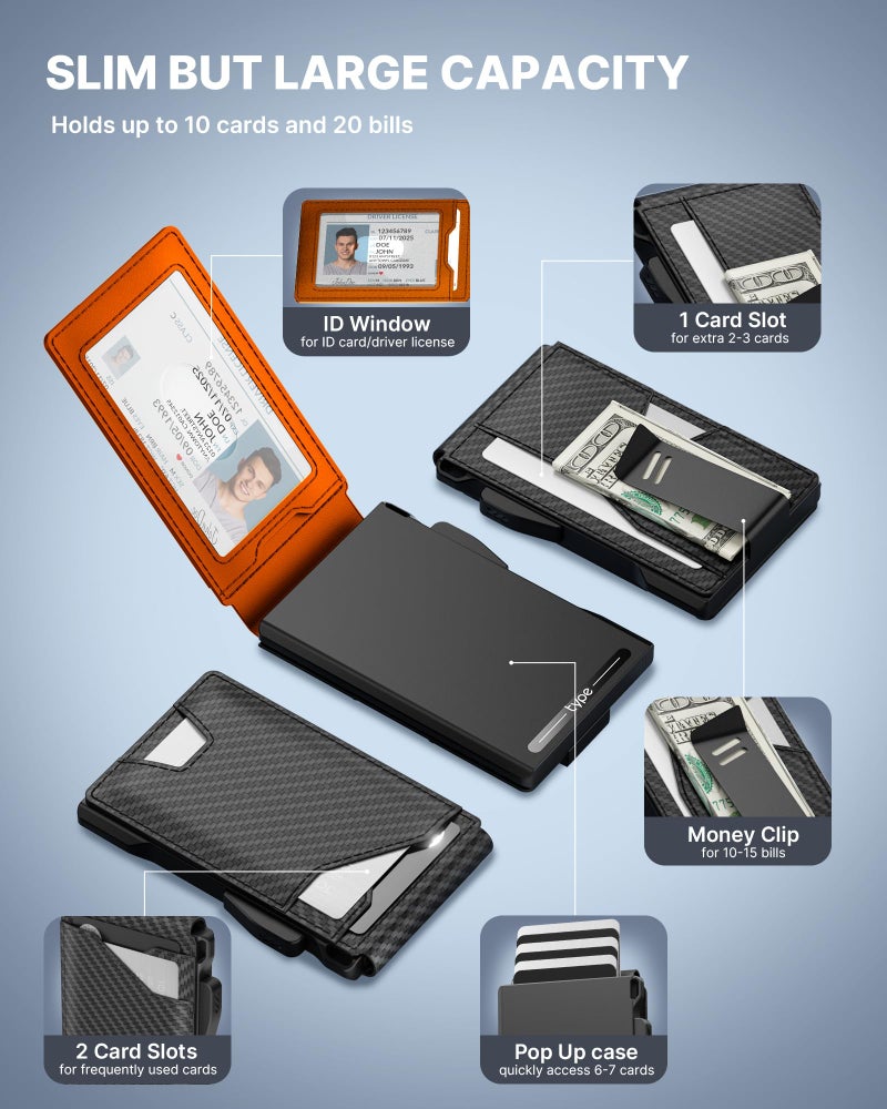 typecase Tactical Wallet for Men Card Holder: Pop Up Card Case, Genuine Leather, Smart, RFID Blocking, Slim, Minimalist, Thin, Front Pocket - 9-13 Card Capacitiy, ID Window, Money Clip (Orange) - Image 2