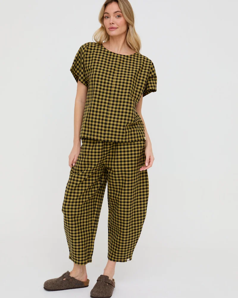 Turtledove London Jae Mustard Check Print Barrel Leg Trouser