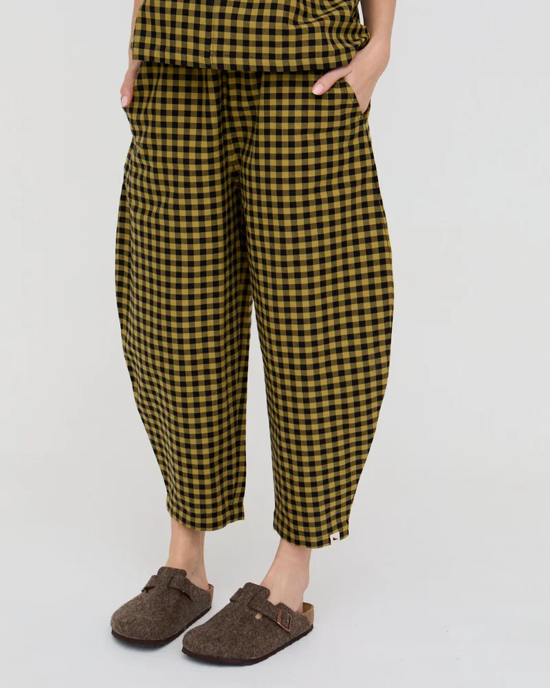 Turtledove London Jae Mustard Check Print Barrel Leg Trouser