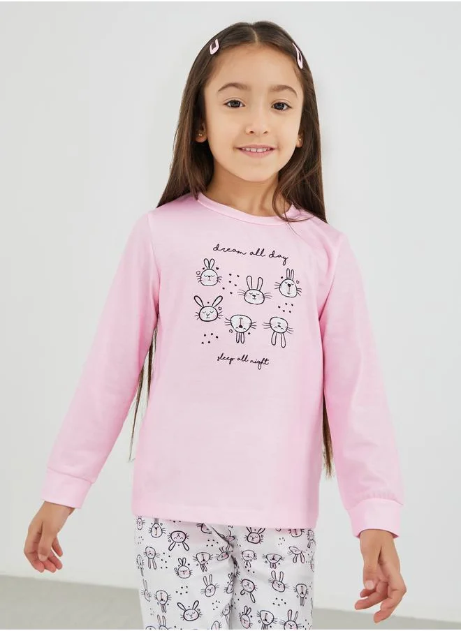 Styli Styli Graphic Print Long Sleeve T-Shirt and Pyjama Set