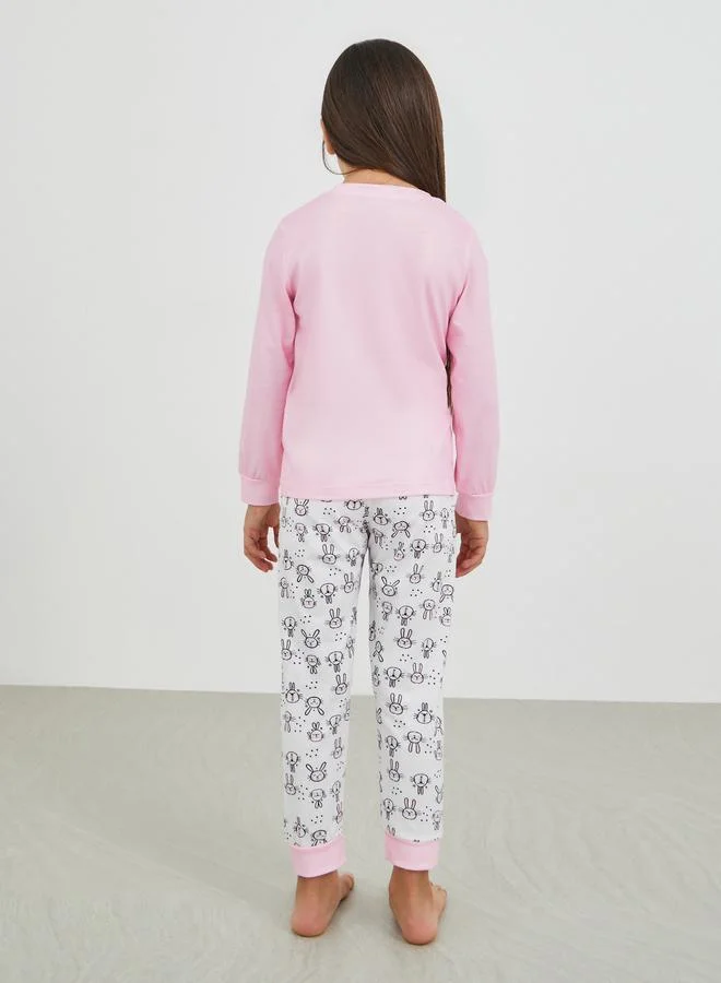 Styli Styli Graphic Print Long Sleeve T-Shirt and Pyjama Set