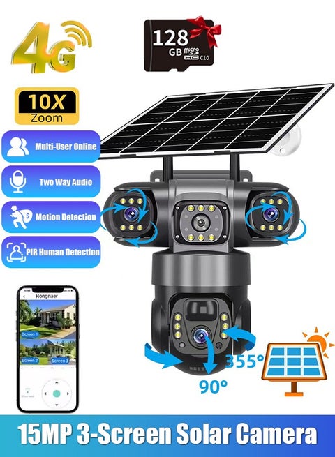 4G Surveillance Camera with 128GB SD Card, Solar Security Camera with Three-Eye Three-Screen, 12MP 6K CCTV Battery Indoor Outdoor Home Security Surveillance Camera
