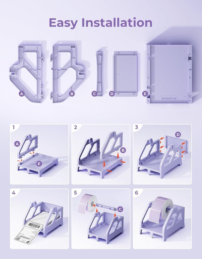 MUNBYN Label Holder for Rolls and Fan-Fold Labels, Thermal Sticker Roll Holder for Desktop Thermal Printer Shipping Supplies Industrial Paper, Purple - Image 4