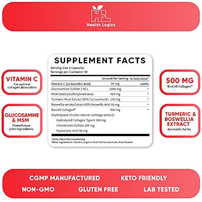 Health Logics Move! Healthy Joints with BioCell Collagen, Glucosamine, MSM, Vitamin C, Turmeric Extract 95% Curcuminoids, Boswellia Serrata | Support Joint Comfort | Non-GMO | 90 Capsules - Image 4