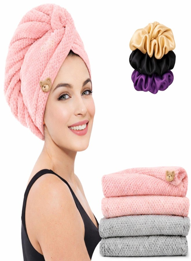Atrube Microfiber Hair Towel Wrap with Satin Scrunchies, Quick Dry Hair Turban, Grey and Pink, Anti Frizz Super Absorbent (Pink) - Image 1