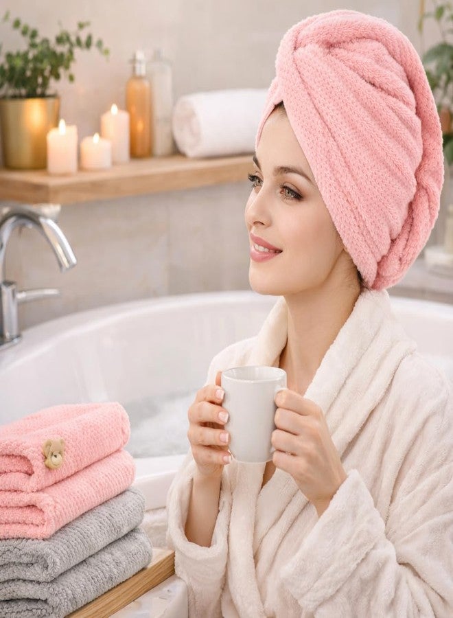 Atrube Microfiber Hair Towel Wrap with Satin Scrunchies, Quick Dry Hair Turban, Grey and Pink, Anti Frizz Super Absorbent (Pink) - Image 2