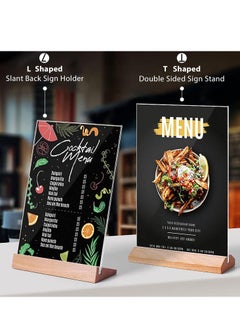 Y&D A4 Acrylic Sign Holder Wood, 3 Pack Display Stands Double Sided Menu for Tables, Counter Poster Stand Restaurant Store Company L Shape  - Image 2