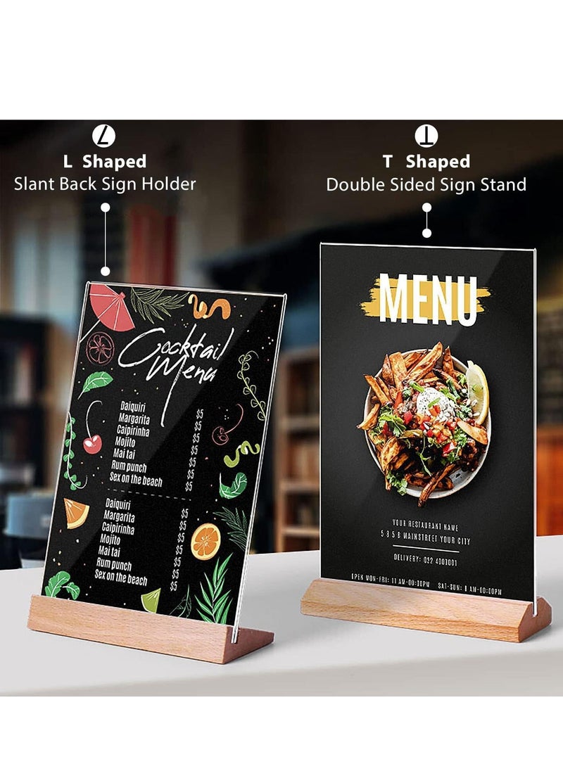 Y&D - A4 Acrylic Sign Holder Wood, 3 Pack Display Stands Double Sided Menu for Tables, Counter Poster Stand Restaurant Store Company L Shape - Image 1