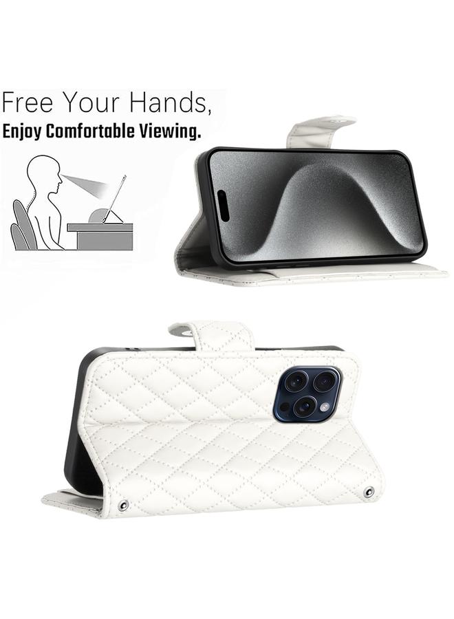 S-TOP Case For iPhone 15 Pro Rhombic Texture Flip Leather Phone Case with Lanyard - Image 4