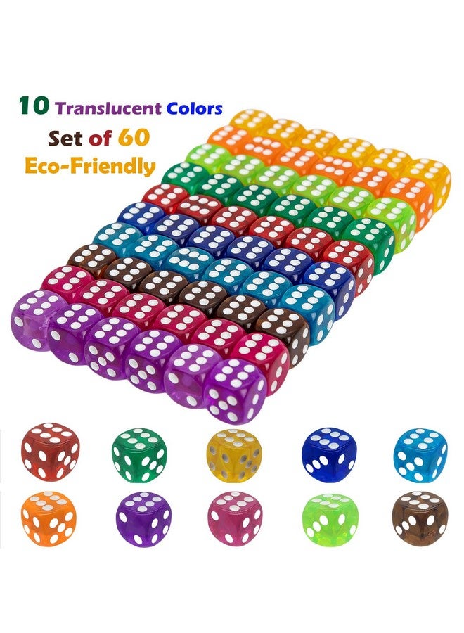 AiFanS 60 Pieces 16MM Dice Set, 6 Sided Standard Game Dices with Portable Box for Board Games,Worker Placement,Math Activities(Translucent Round Corners,10 Colors) - Image 2