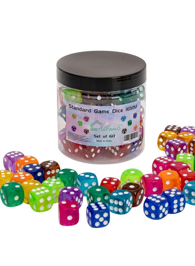 AiFanS 60 Pieces 16MM Dice Set, 6 Sided Standard Game Dices with Portable Box for Board Games,Worker Placement,Math Activities(Translucent Round Corners,10 Colors) - Image 1