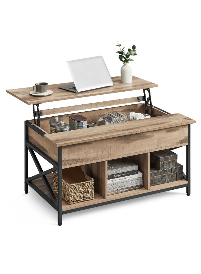 VASAGLE Coffee Table, Height-Adjustable Living Room Table, Coffee Table, Open and Hidden Storage Space, X-Struts, 60 x 100 x (48-62) cm, Camel Brown-Black - Image 1