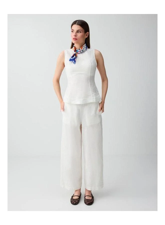 Jimmy Key Broken White 100% Linen Bike Neck Sleeveless Woven Blouse.