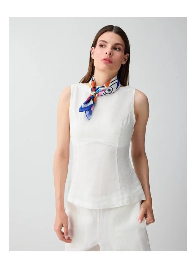 Jimmy Key Broken White 100% Linen Bike Neck Sleeveless Woven Blouse.
