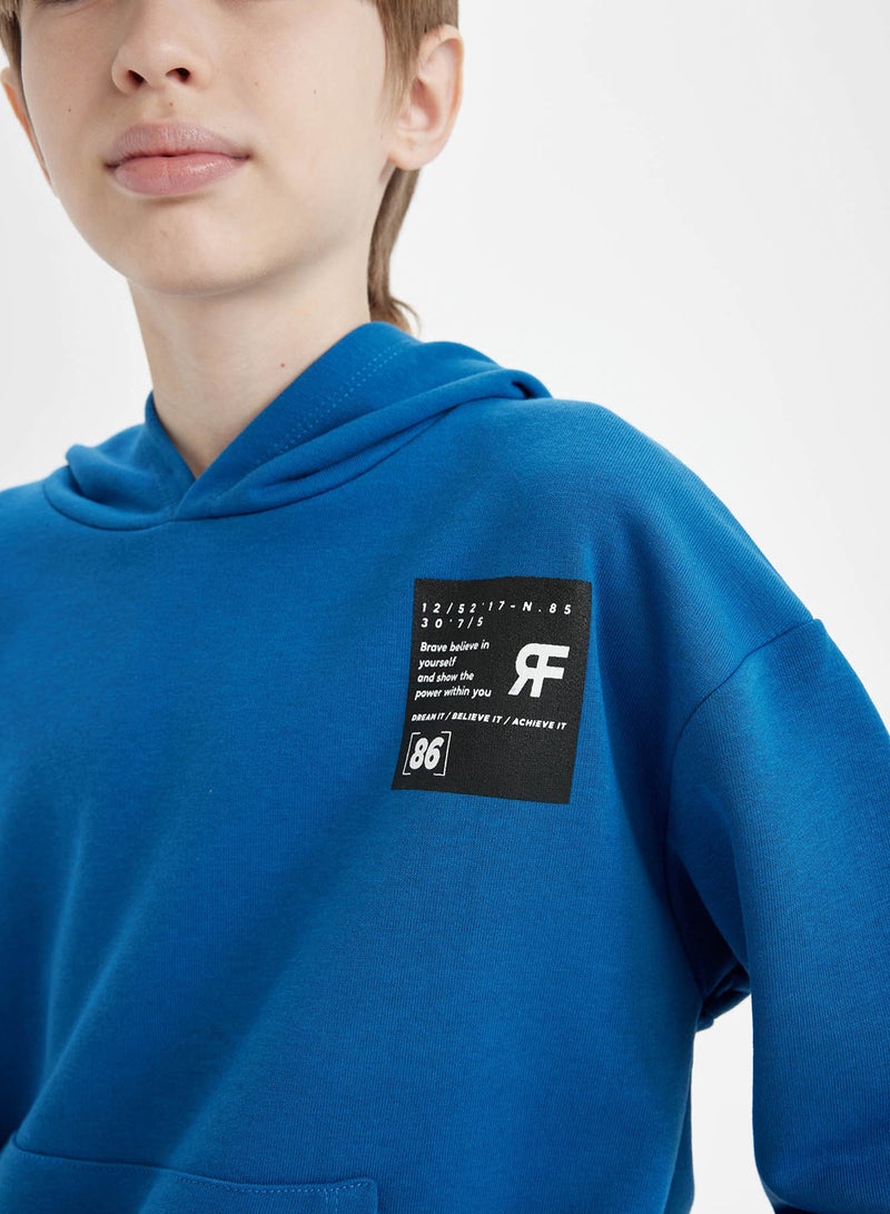 DeFacto Blue Oversized Fit Hoodie With Pockets Thick School Sweatshirt - Image 2