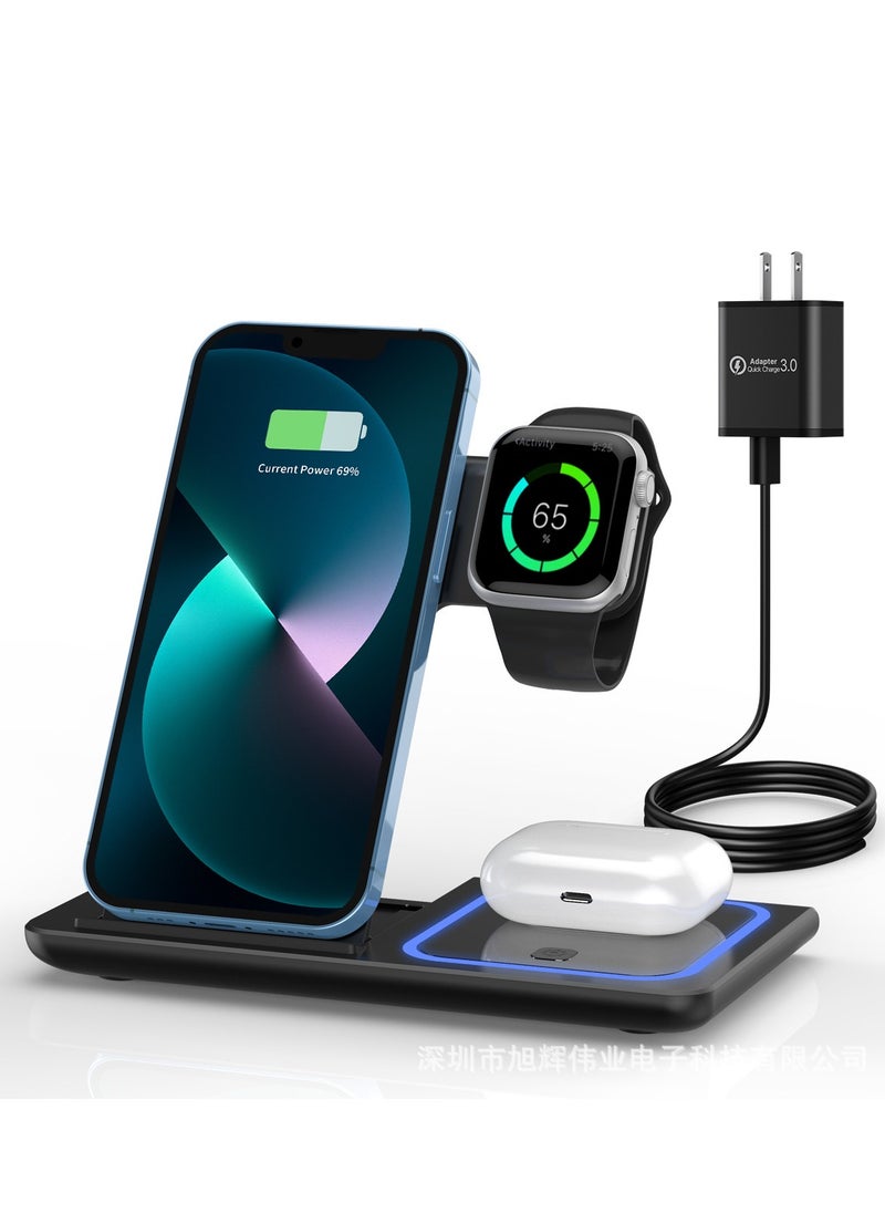 YOXINTA - Wireless Charger, 3 in 1 Wireless Charging Station, Fast Wireless Charger Stand for iPhone 15 14 13 12 11 Pro Max XR XS 8 Plus, for Apple Watch 8 7 6 5 4 3 2 SE(Black) - Image 1