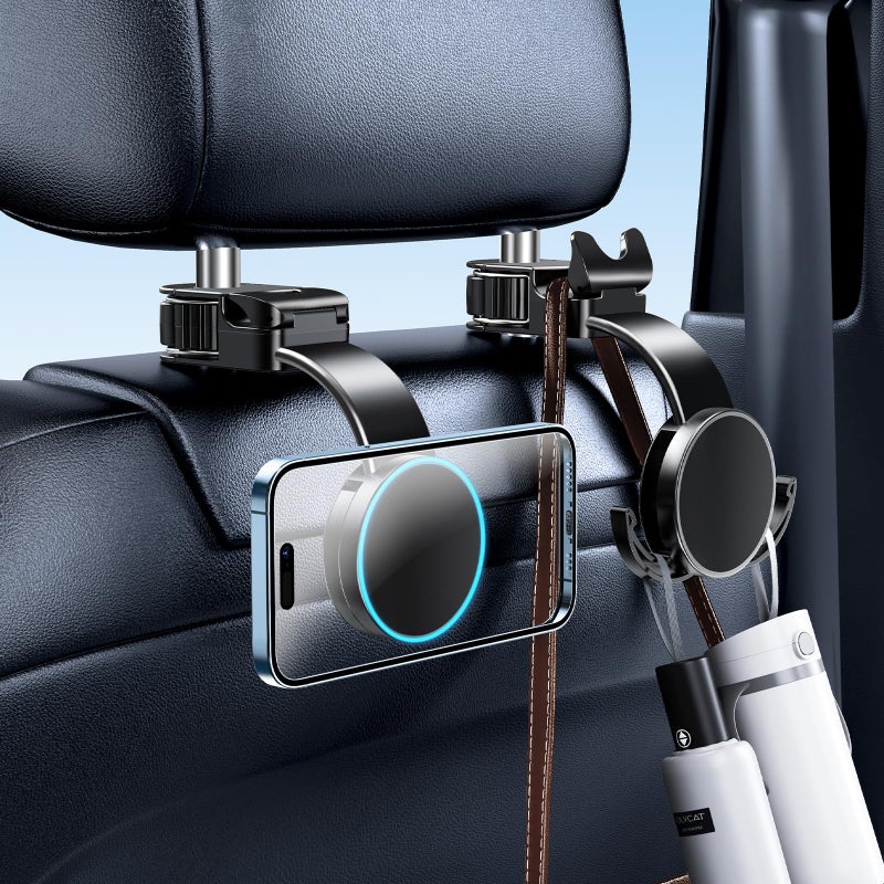 DICMKY 1 Pack Headrest Hook for Car Seat Back with Magnetic Phone Holder Multifunctional Car Seat Hooks for Purses and Bags Handbag Grocery Bag Purse Hanger Car Organizers and Storage Accessories - Image 3
