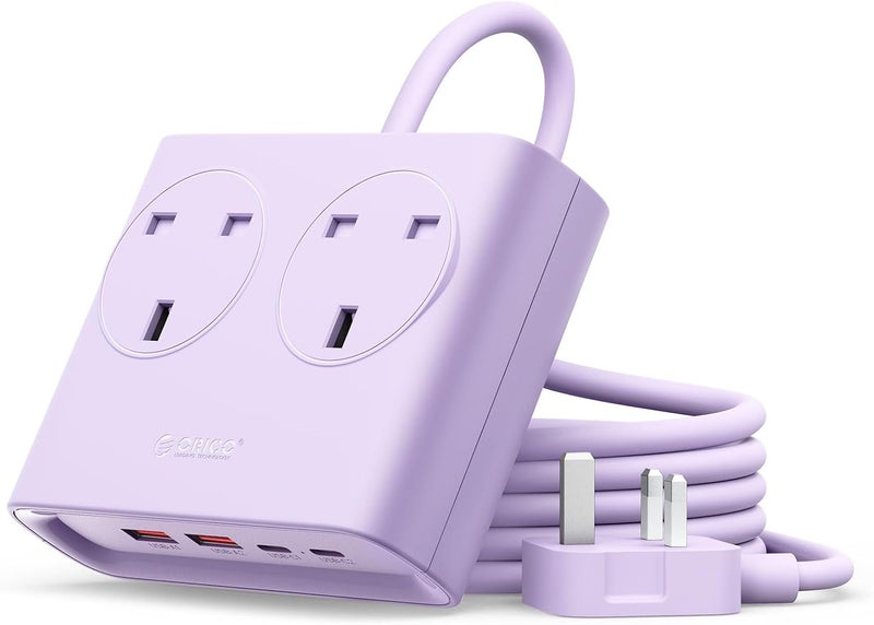 Orico Extension Lead with USB Slots, 2 Gang Extension Socket with 2 USB C(PD 20W) and 2 USB A, 1.6m Extension Cable, 13A 3250W Desk Power Strip for Bedroom Office Accessories-Purple - Image 1